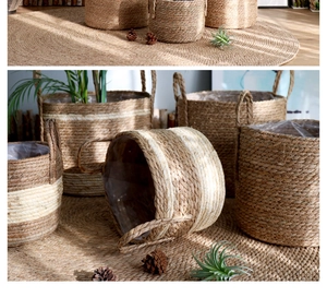 Detailed view of hand-woven straw plant basket with sturdy handles and plastic lining