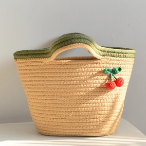 Mori Style Woven Cotton Handbag Sweet Crochet Cherry Decor Beach Holiday Tote Bag Vacation Basket Bag For Women