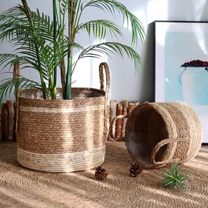 Nordic hand-woven seagrass planter basket set with handles and waterproof PE lining
