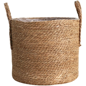 Handwoven cylindrical rattan planter basket with handles and waterproof liner