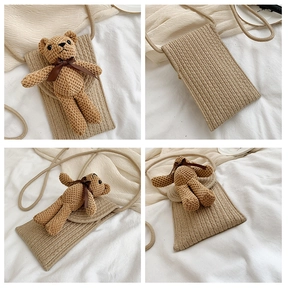 Detailed views of a beige crochet phone bag featuring a cute 3D bear with brown bow tie