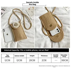 Detailed size chart for beige woven daisy crossbody bag showing phone capacity and dimensions