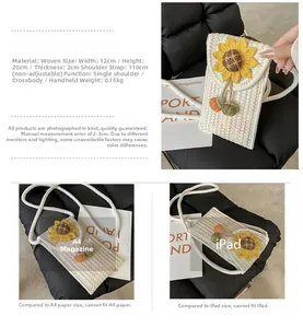 Detailed view of handmade woven crossbody bag with sunflower and sizing comparison