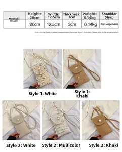 Detail view of mini straw bag showing woven texture, pearl clasp and 20cm height dimension