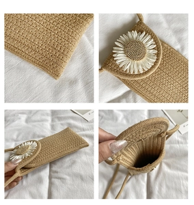 Detail shots of woven crossbody phone bag with daisy floral accent and fiber textures