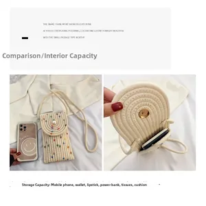 Straw mini crossbody phone bag featuring colorful dots, pearl clasp and interior capacity