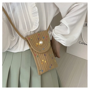 Detail of hand-woven straw mini crossbody bag with colorful dots and pearl button