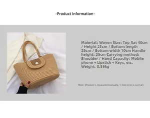 Detail of khaki woven handbag with pearl closure and internal capacity parameters