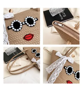 Détail du sac cabas tissé avec patch lunettes en perles et accessoire nœud en dentelle