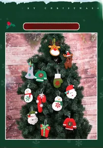 Detailed view of assorted non-woven felt Christmas ornaments hanging on a festive tree