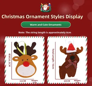 Detail of felt reindeer Christmas tree ornaments with dimensions and festive bows