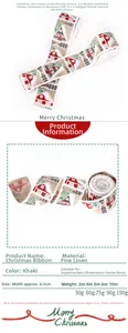 Detail eines 6,5 cm khakifarbenen Sackleinen-Weihnachtsbandes mit roten Haus- und Baumstrukturen