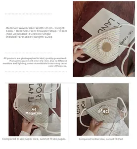 Detailed size comparison and specifications for flower straw woven crossbody bucket bag