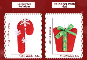 Macro detail of red felt Christmas ornaments featuring candy cane and gift bag shapes