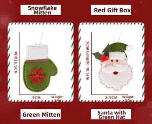 Detail view of non-woven Christmas felt ornaments featuring green gloves and Santa Claus