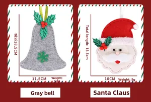 Detailed view of Santa and bell felt ornaments with measurements 18cm long and 10cm wide