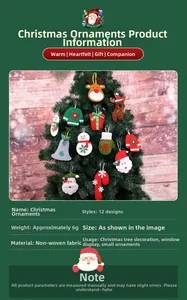 Detail of 12 non-woven Christmas ornaments featuring Santa Claus and reindeer shapes