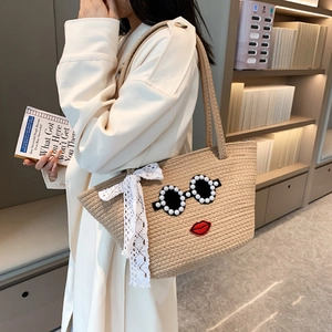 Sac à Bandoulière Décontracté en Coton Tissé pour Femme Décoration Lunettes en Künstliche Perles et Lèvres Rouges Style Bohème