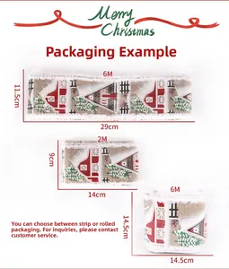 Detailed view of 5M Christmas burlap ribbon with red snowy house and pine tree patterns