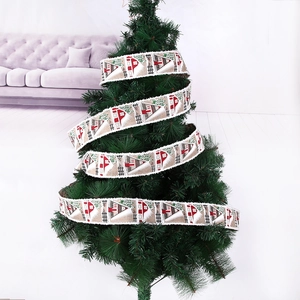 Christmas Rustic Burlap Ribbon With Fringed Edge Red Barn Green Pine Tree Printed Fabric Ribbon For Holiday Tree Decor
