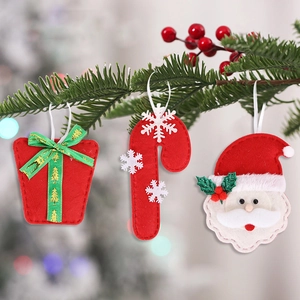 Three-piece felt Christmas ornaments set with Santa, candy cane, and gift box designs