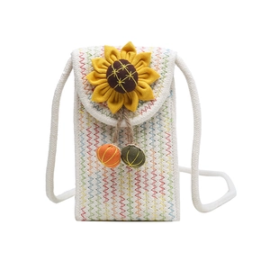 Handmade woven crossbody phone bag with a sunflower accent and colorful stitching