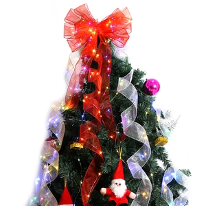 3.8cm gold edged sheer ribbon with LED lights and large red mesh bow for Christmas decor