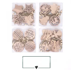 Set of four wooden Christmas ornaments with laser-cut star and tree shapes in natural wood