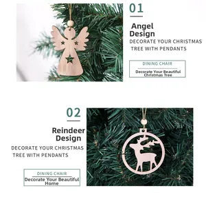 Detailed view of laser-cut wooden angel and reindeer Christmas ornaments with jute twine