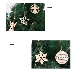Detail view of assorted wooden Christmas tree ornaments with natural textures