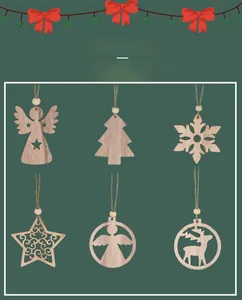Detail of wooden Christmas ornaments set featuring reindeer and snowflake designs