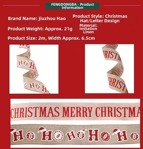 Detail view of 2m faux linen Christmas ribbon featuring Merry Christmas and Ho Ho Ho prints