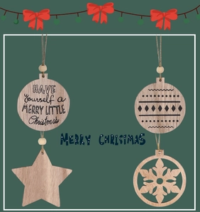 Detailed view of wooden Christmas ornaments with snowflake patterns and Merry Christmas text