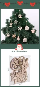 Detailed view of 12x12cm box containing various laser-cut wooden Christmas tree ornaments