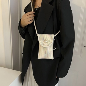 Women Mini Straw Woven Phone Bag Sweet Artificial Pearl Decor Rainbow Embroidery Crossbody Bag Small Handwoven Summer Beach Bag