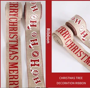 Detail showing faux burlap Christmas ribbon with Merry Christmas and Ho Ho Ho print