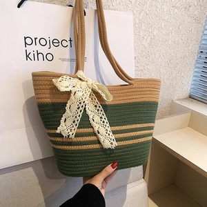 Sac Cabas en Paille Tissé à la Main Vintage Grand Sac à Bandoulière de Plage Rayé Avec Nœud en Dentelle pour Femmes