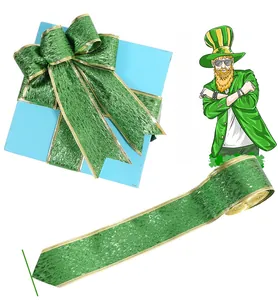 5cm St. Patrick's Day green ribbon with gold edges and glitter texture for DIY gift wrap