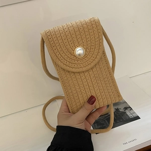 Mini straw woven phone bag in khaki with large pearl decoration and crossbody strap