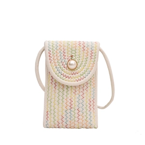 Mini straw phone bag for women with colorful stitching and pearl button detail