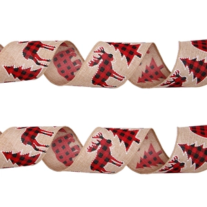 6m Christmas burlap ribbon with buffalo plaid reindeer and tree patterns for tree decor