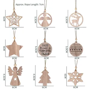 Set of 9 wooden Christmas tree ornaments with reindeer, stars, and snowflakes