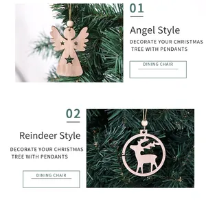 Laser cut wooden Christmas tree ornaments featuring angel and elk shapes with beads