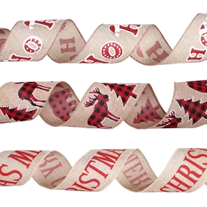 Close-up of Merry Christmas and Buffalo Plaid deer linen ribbons for tree decoration