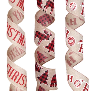 Detailed close-up of 6m burlap ribbons with Merry Christmas and reindeer patterns