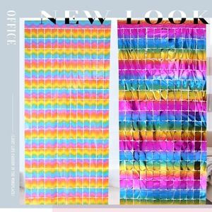 Detail of colorful square foil fringe curtain panels for party backdrop decorations