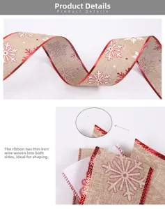 Close-up of Christmas linen ribbon with snowflake pattern and bendable wire edges