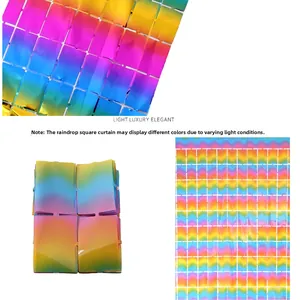Iridescent square foil fringe curtain background showing laser PET metallic gloss