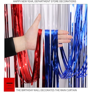 Close-up of red, white, and blue metallic rain curtain with reflective tinsel fringe texture
