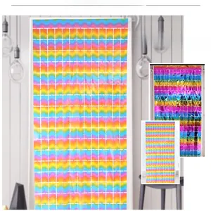 Macro detail of iridescent square foil fringe curtain with metallic rainbow gradient